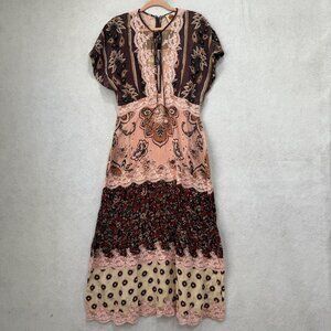 Farm Rio Dress Womens Medium Pink Brown Boho Lace Trim Mixed Print Midi 325115